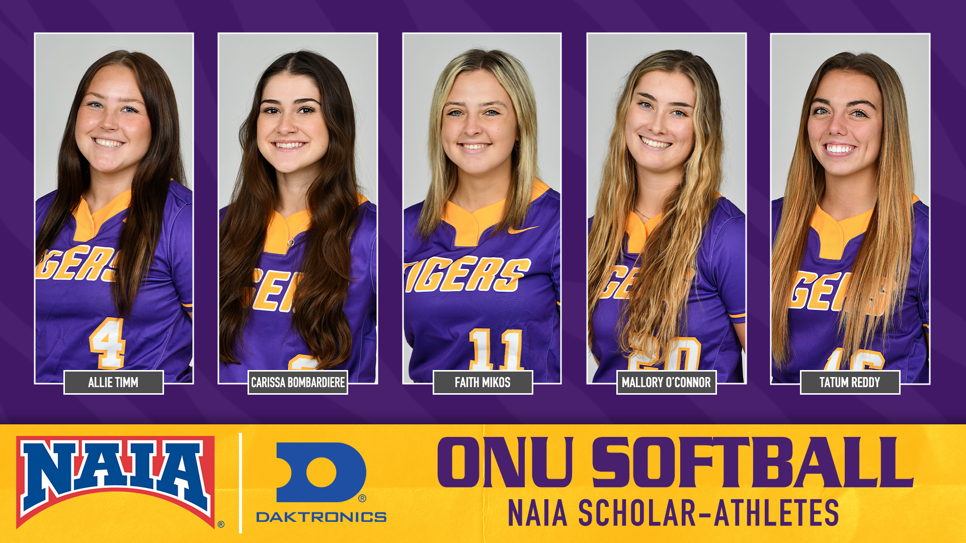 FIVE TIGERS FROM ONU SOFTBALL NAMED NAIA SCHOLAR-ATHLETES